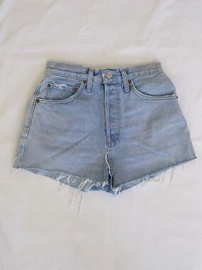 RE/DONE 50s Cutoffs High Waist Denim Shorts Raw Hem Light Wash Blue size 25